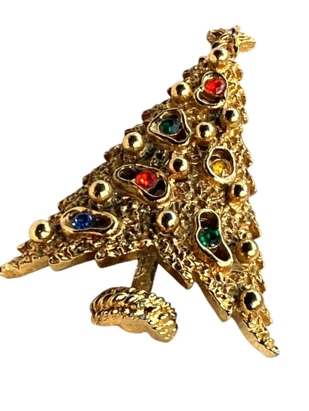 Gold Tone Christmas Tree Pin Brooch Multicolor Rhinestones Star Accent Signed